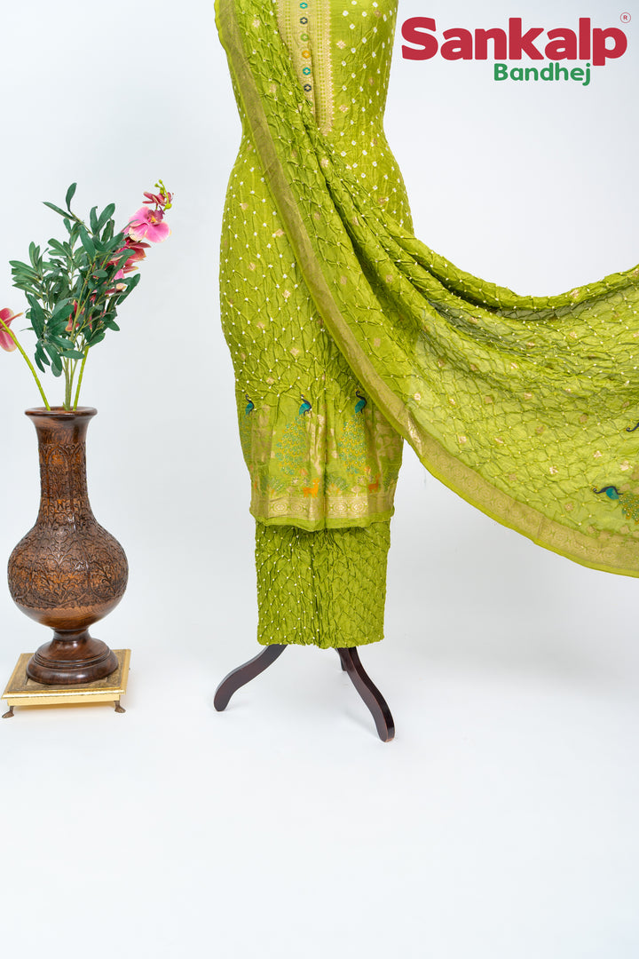 Light Mehendi Bandhani Tussar Silk Dress Material