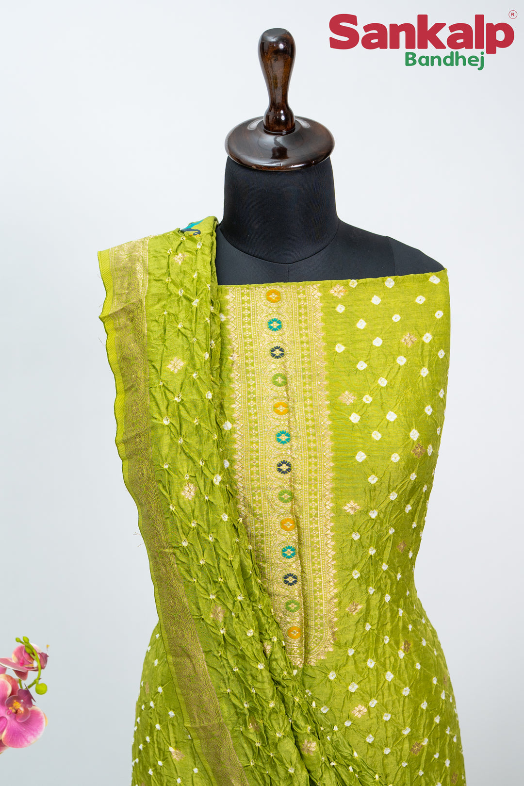 Light Mehendi Bandhani Tussar Silk Dress Material