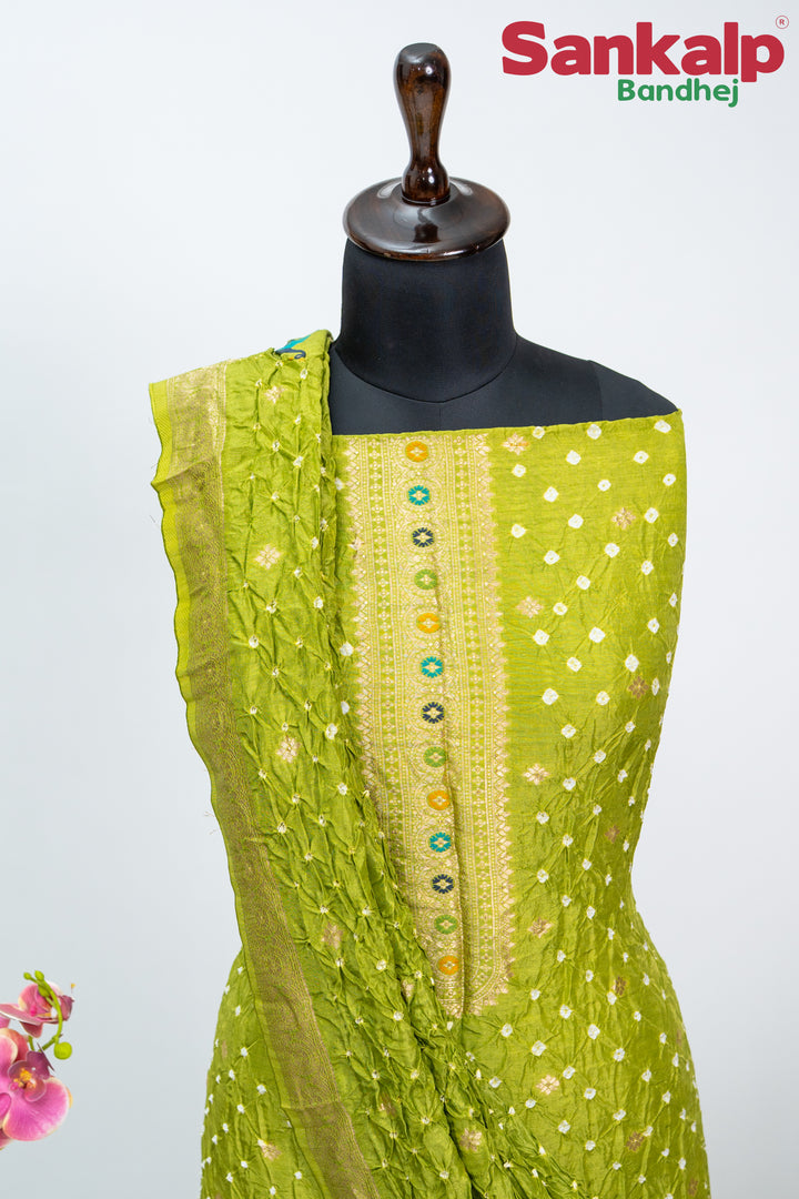 Light Mehendi Bandhani Tussar Silk Dress Material