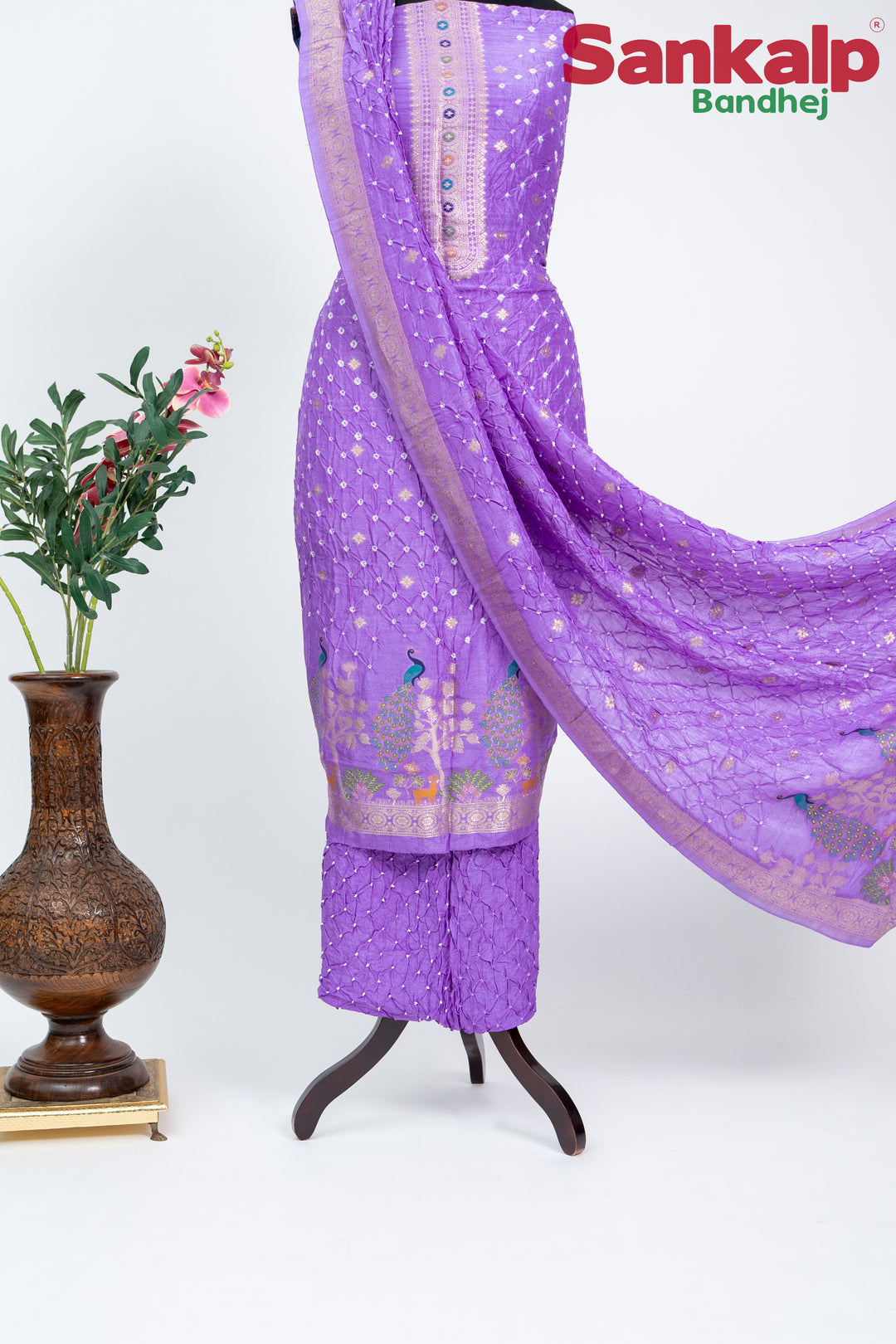 Lavender Bandhani Tussar Silk Dress Material