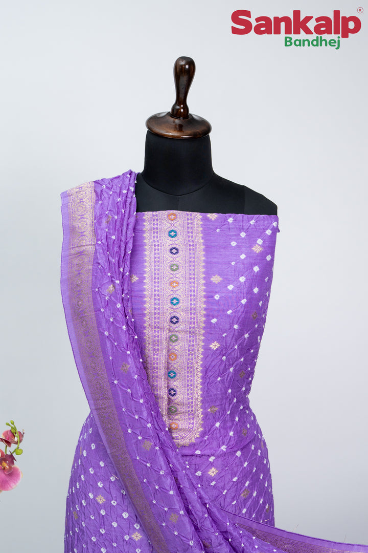 Lavender Bandhani Tussar Silk Dress Material