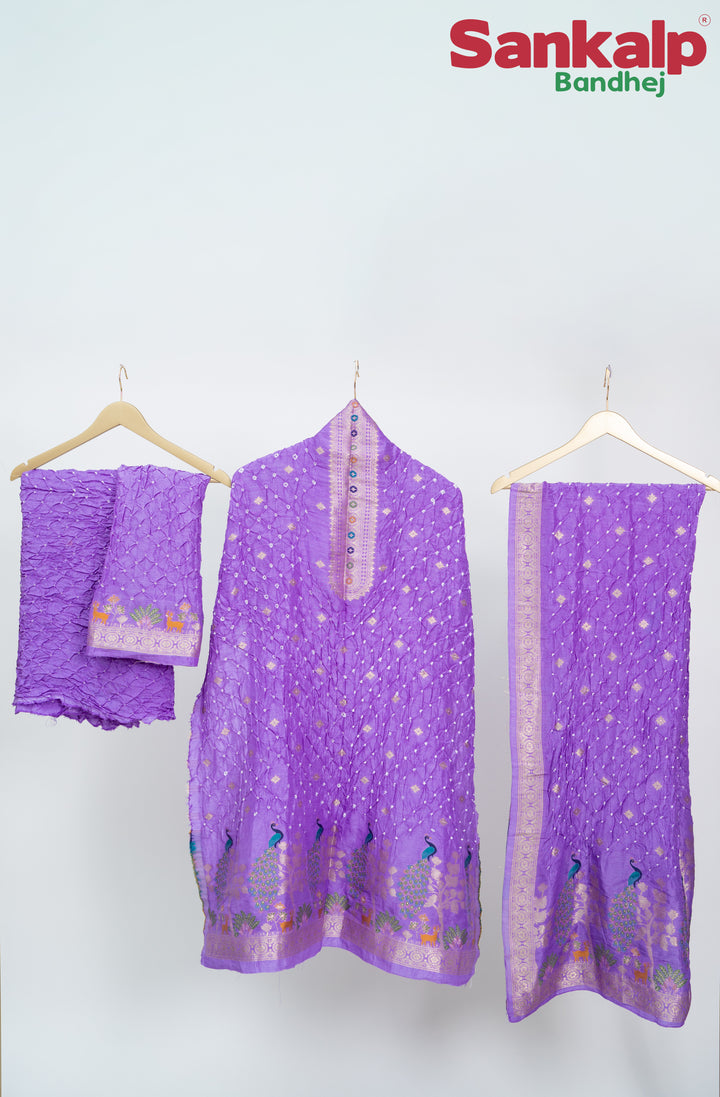 Lavender Bandhani Tussar Silk Dress Material
