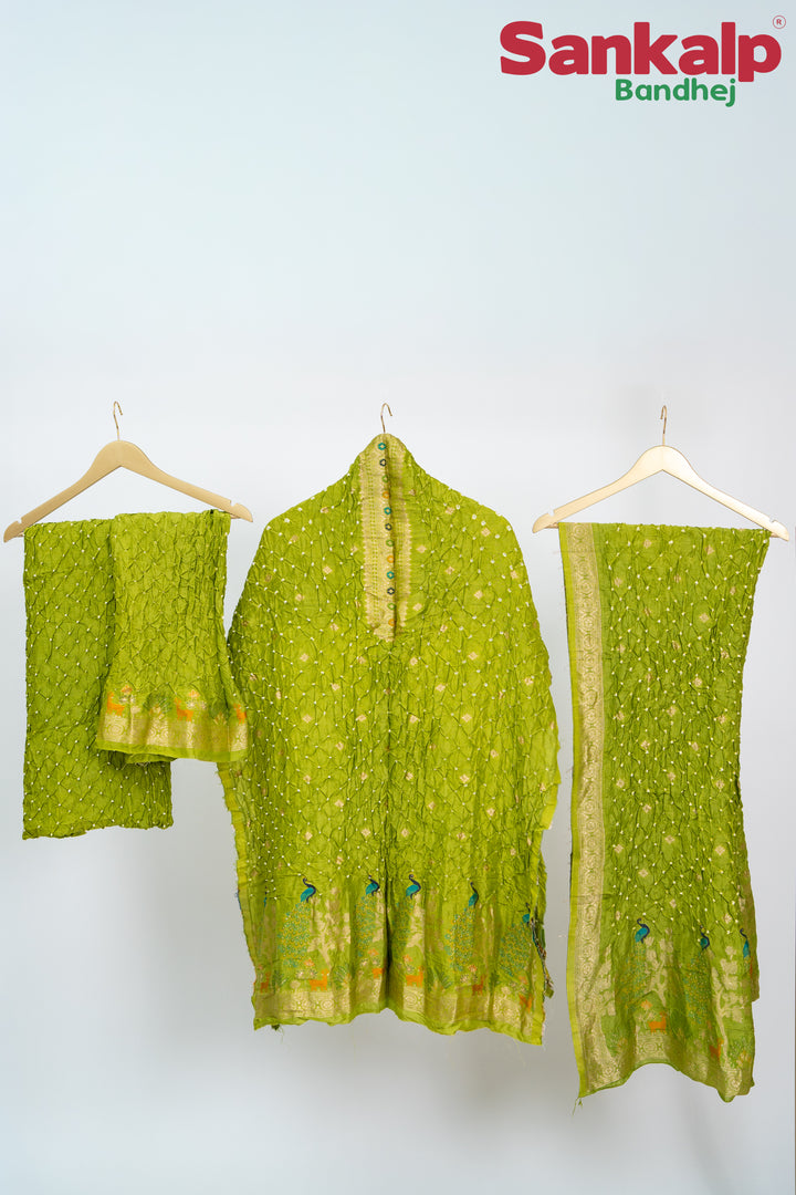 Light Mehendi Bandhani Tussar Silk Dress Material