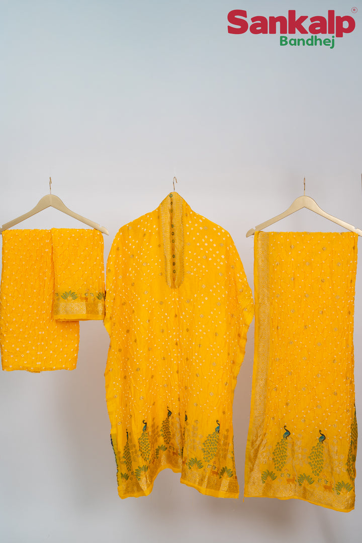 Lemon Yellow  Bandhani Tussar Silk Dress Material