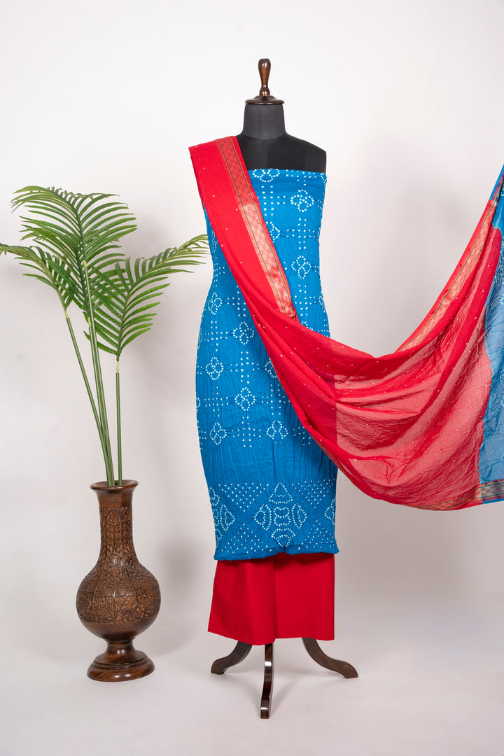 Cotton Satin Light Blue Dress Material With Red Duppta
