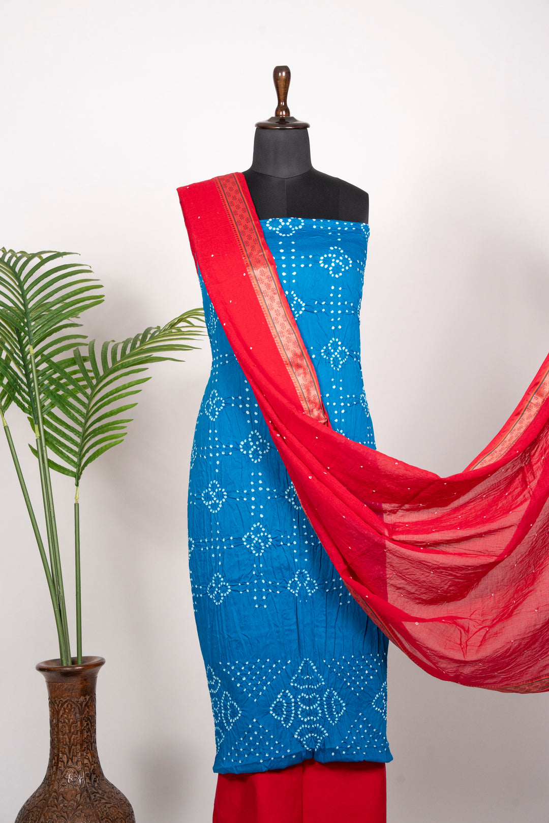 Cotton Satin Light Blue Dress Material With Red Duppta