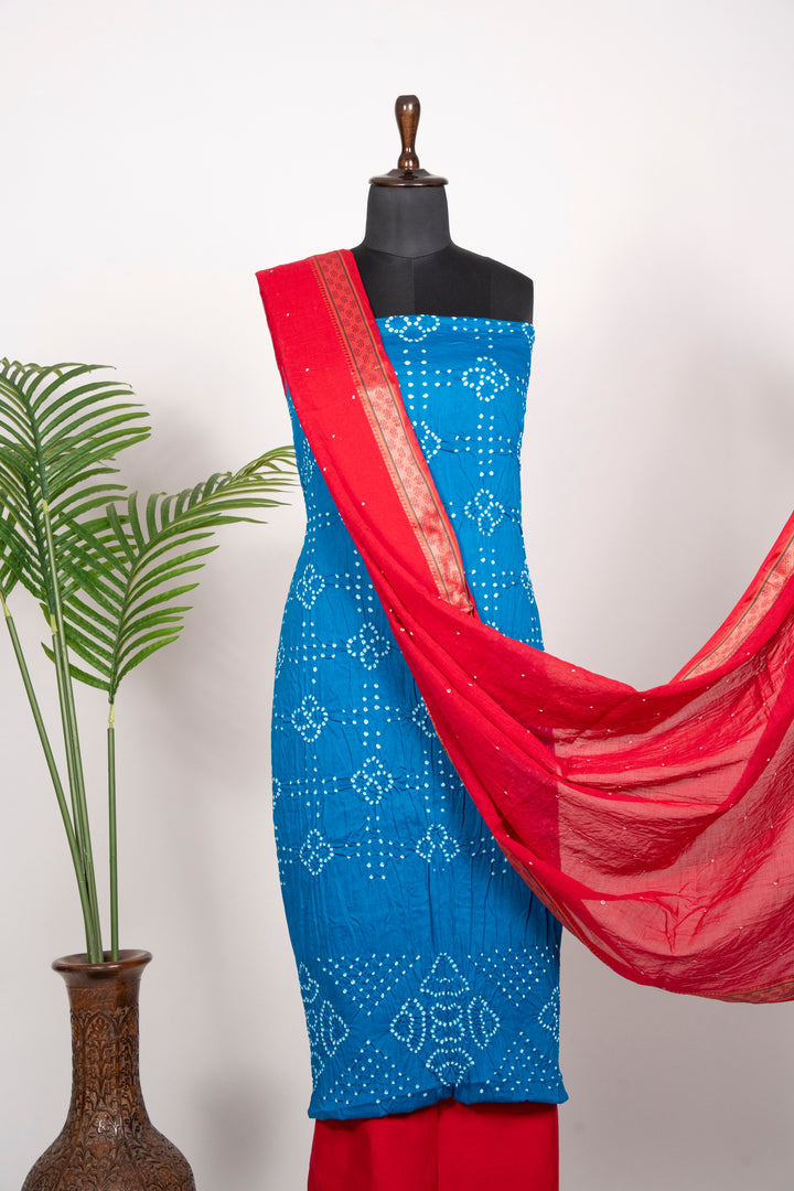 Cotton Satin Light Blue Dress Material With Red Duppta