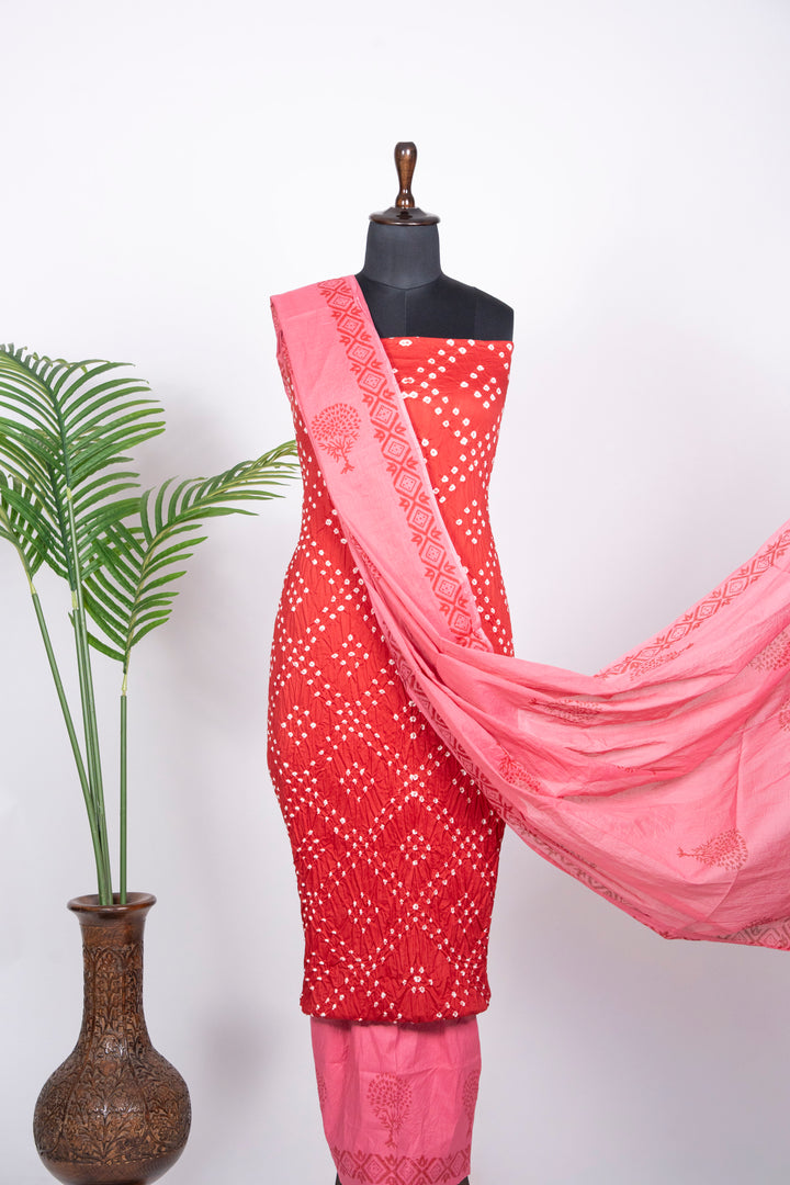 Red Cotton Satin Bandhej Suit With Block Print Dupatta