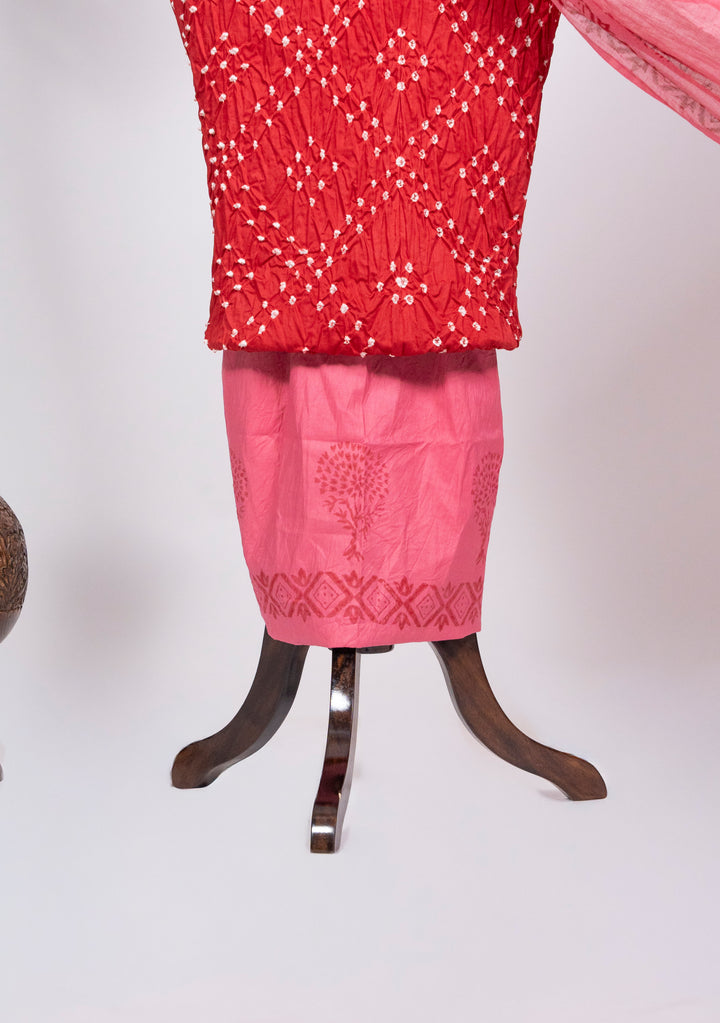 Red Cotton Satin Bandhej Suit With Block Print Dupatta