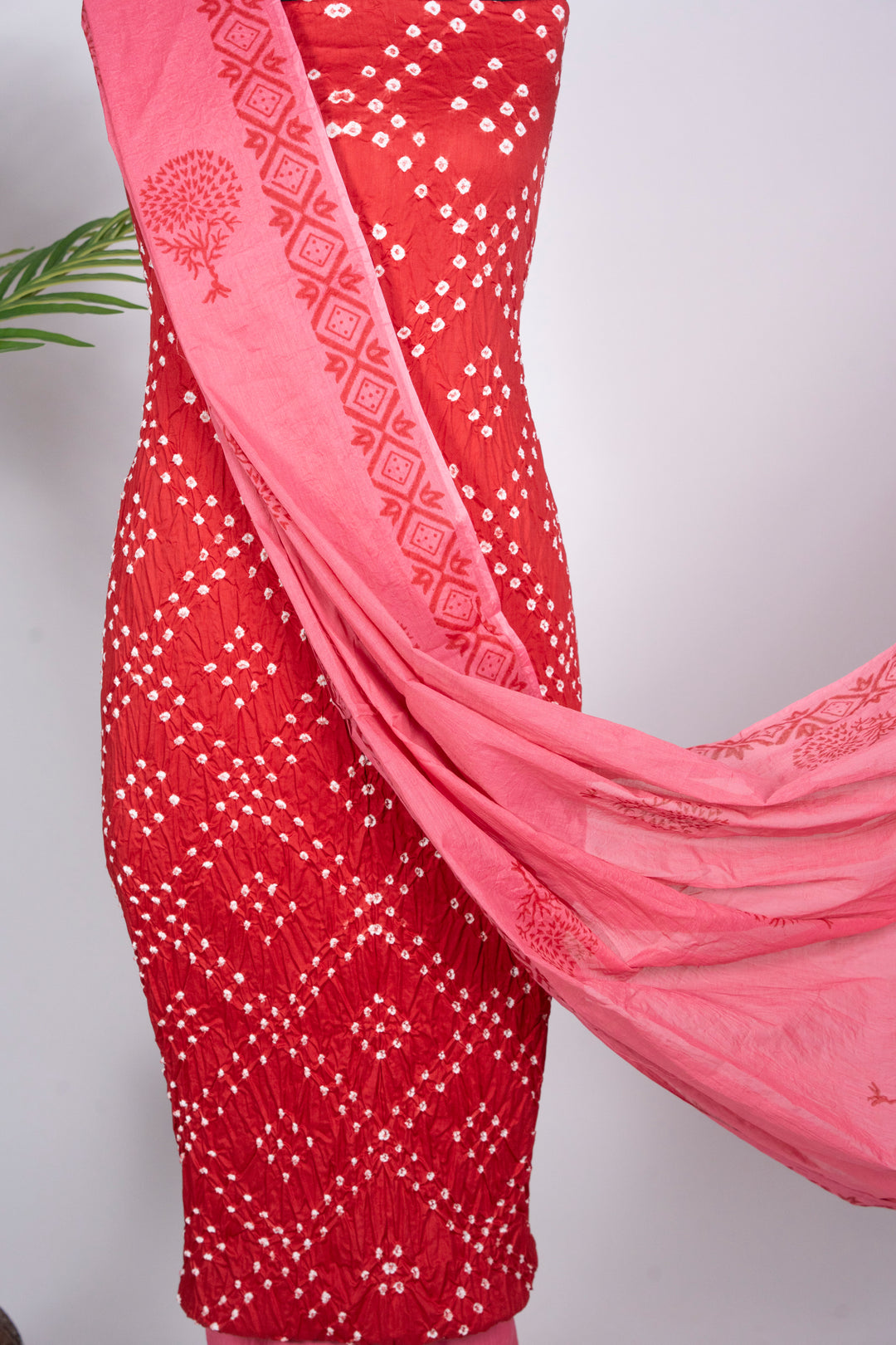 Red Cotton Satin Bandhej Suit With Block Print Dupatta