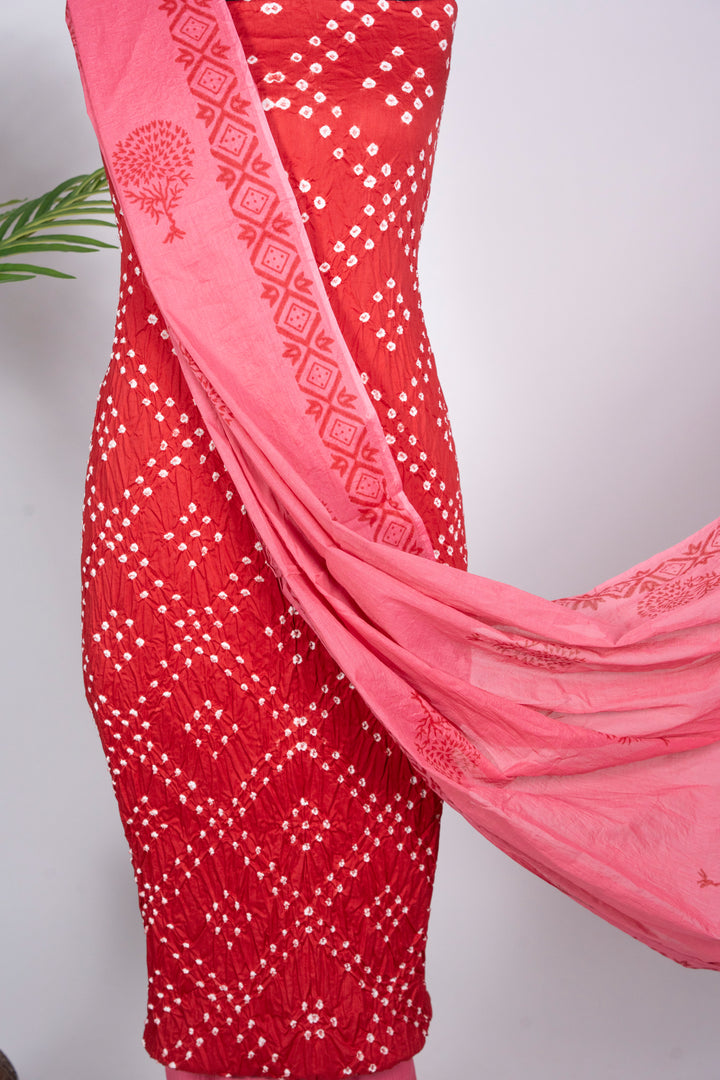 Red Cotton Satin Bandhej Suit With Block Print Dupatta