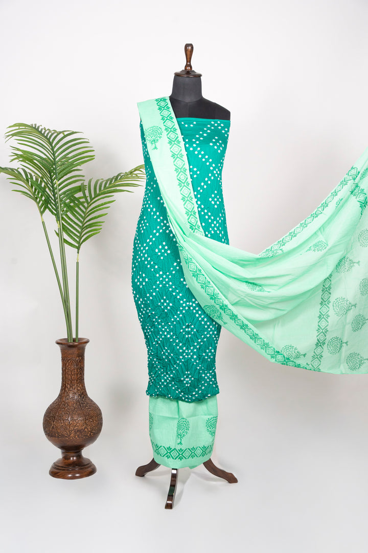 Teal Green Cotton Satin Bandhej Suit With Block Print Dupatta