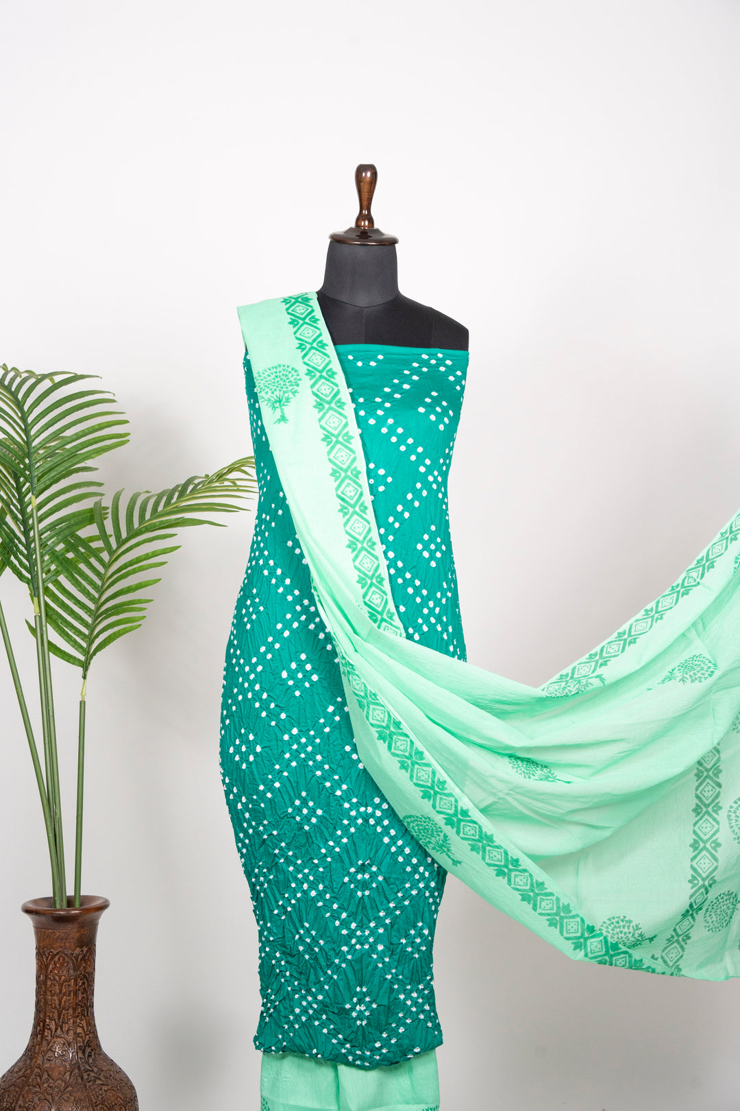 Teal Green Cotton Satin Bandhej Suit With Block Print Dupatta