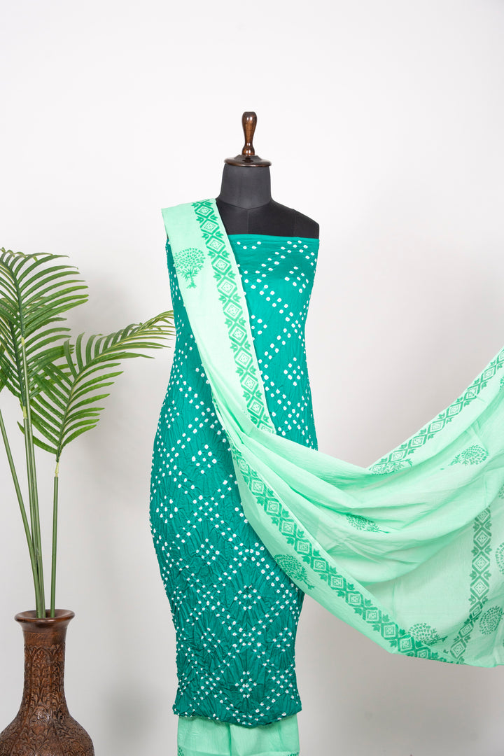 Teal Green Cotton Satin Bandhej Suit With Block Print Dupatta
