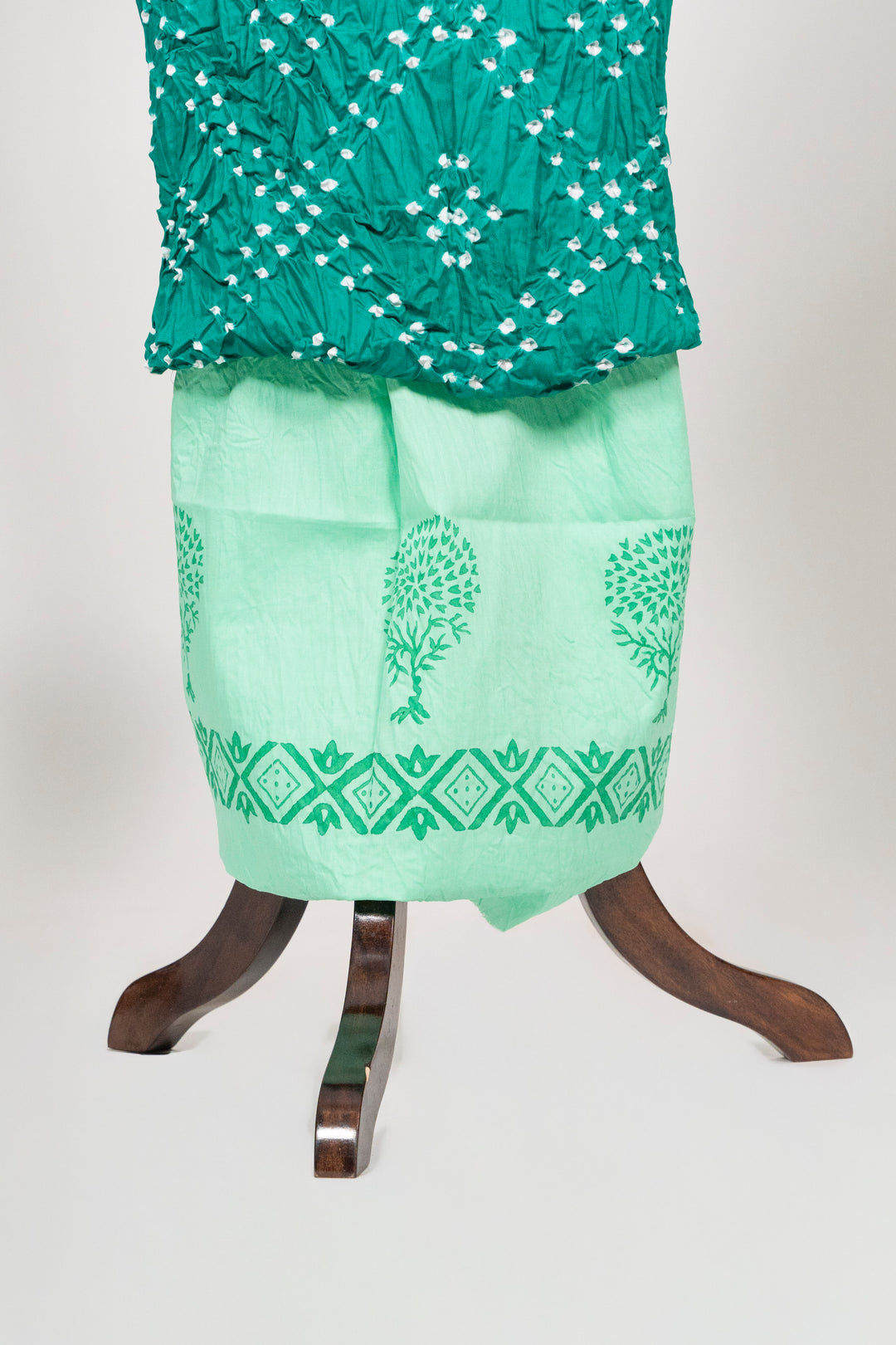 Teal Green Cotton Satin Bandhej Suit With Block Print Dupatta