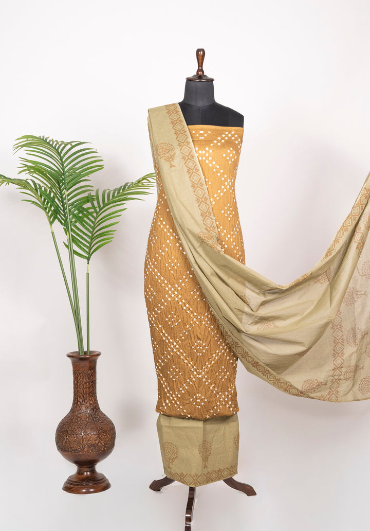 Mustard  Cotton Satin Bandhej Suit With Block Print Dupatta