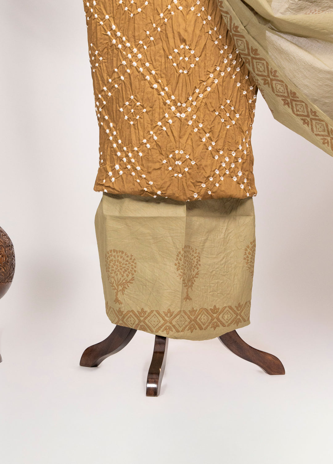 Mustard  Cotton Satin Bandhej Suit With Block Print Dupatta