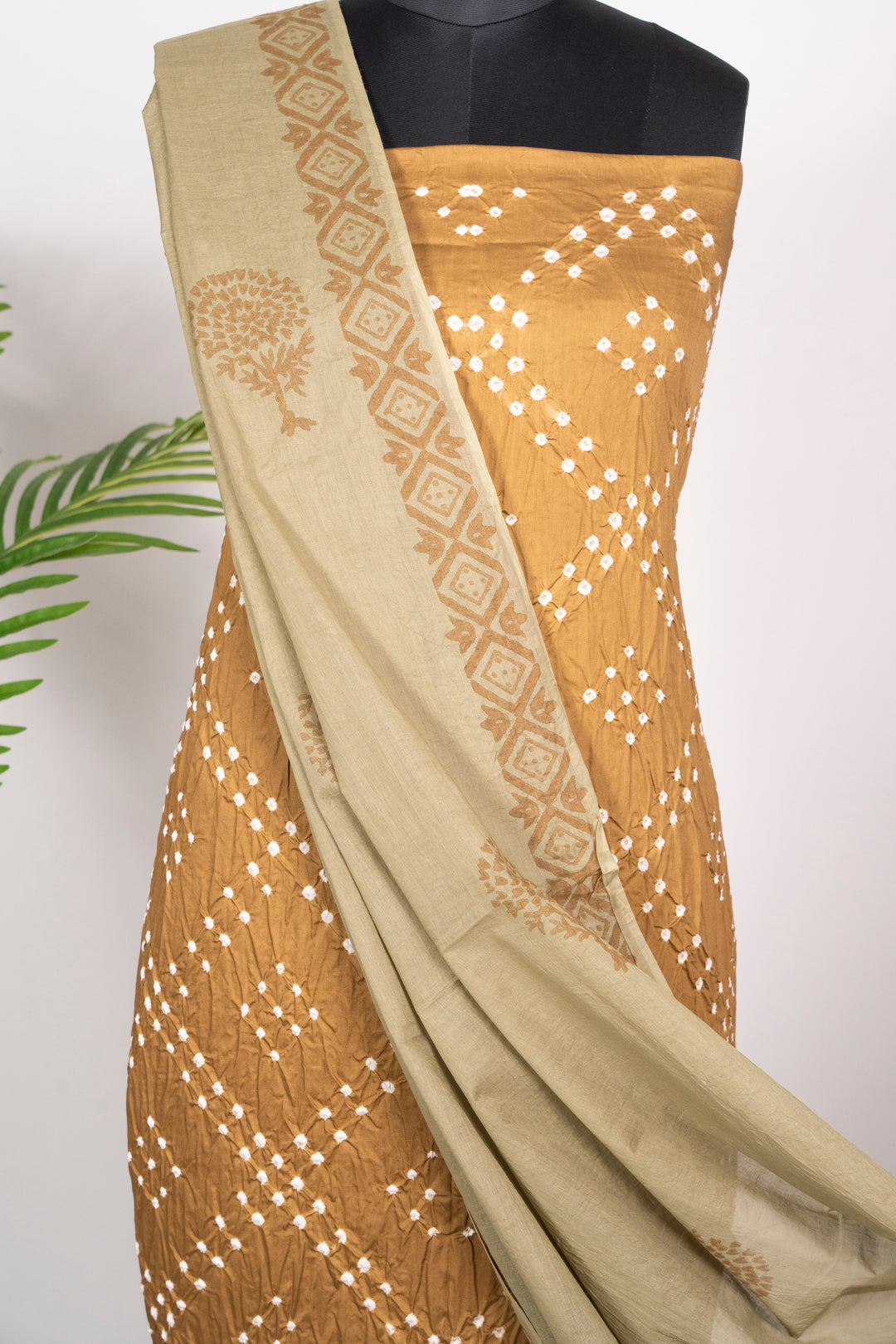 Mustard  Cotton Satin Bandhej Suit With Block Print Dupatta