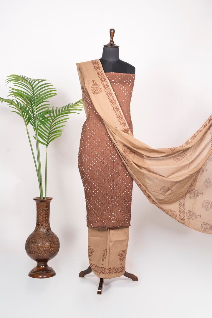 Chocolate Brown Cotton Satin Bandhej Suit With Block Print Dupatta