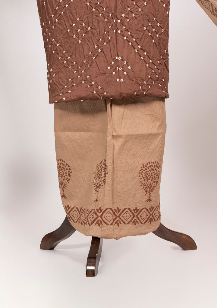 Chocolate Brown Cotton Satin Bandhej Suit With Block Print Dupatta