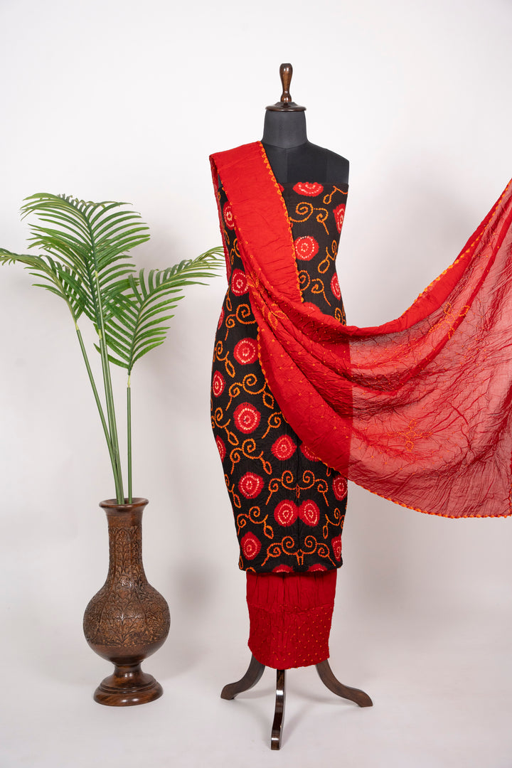 Red Designer Bandhani Cotton Satin Suit Material