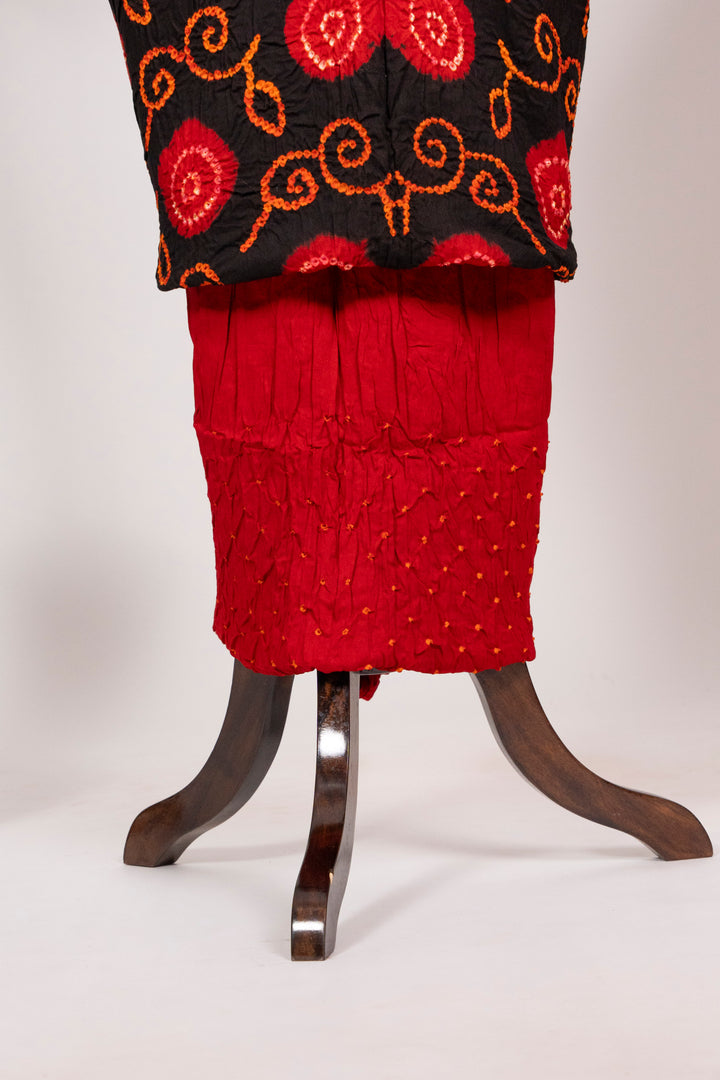 Red Designer Bandhani Cotton Satin Suit Material