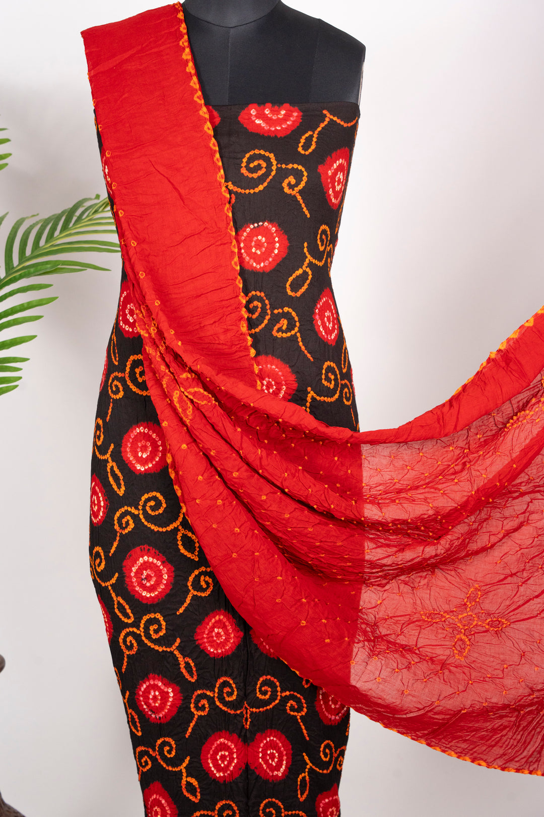 Red Designer Bandhani Cotton Satin Suit Material