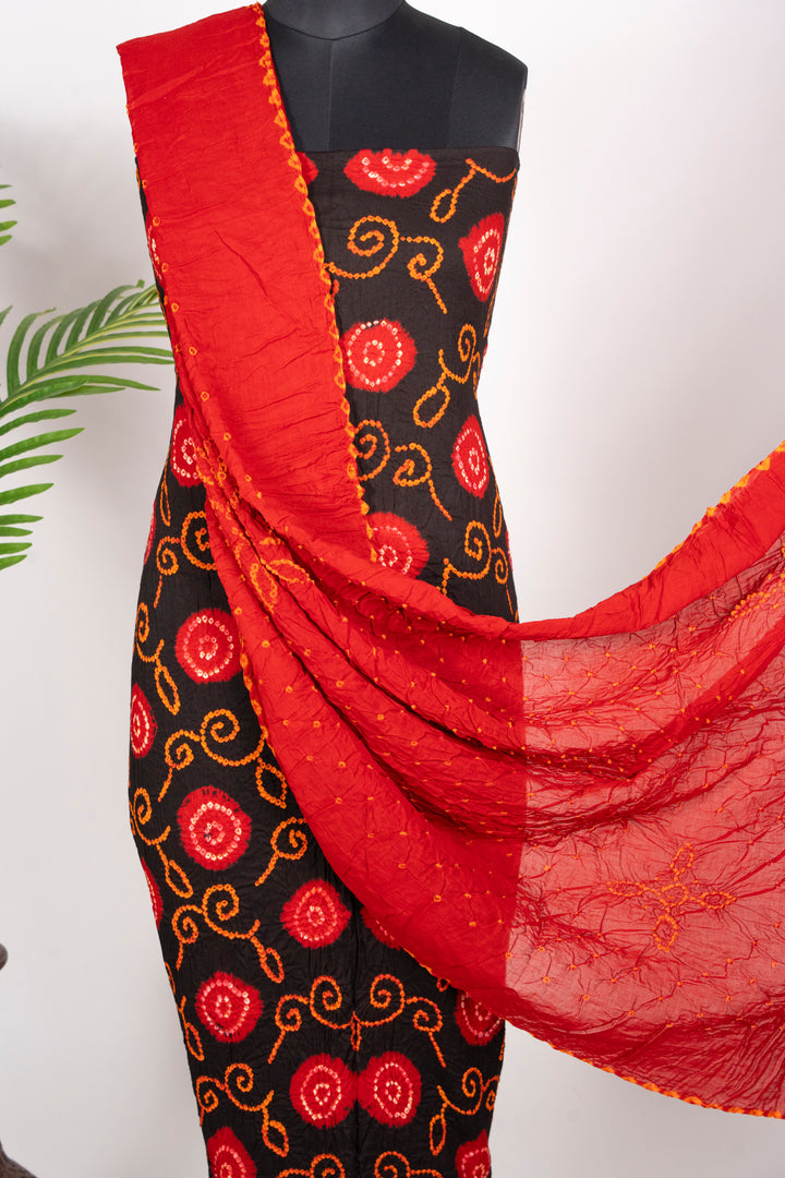 Red Designer Bandhani Cotton Satin Suit Material