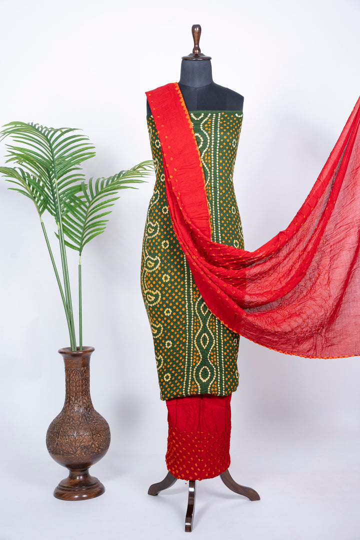 Bottle Green Chandrakani Bandhani Cotton Satin Suit Material