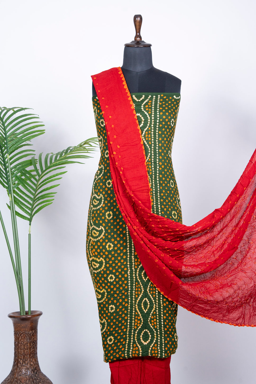 Bottle Green Chandrakani Bandhani Cotton Satin Suit Material