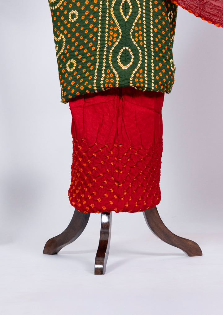 Bottle Green Chandrakani Bandhani Cotton Satin Suit Material