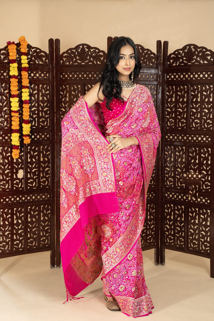 Rani Pink Pure Banarasi Georgette Meenakari Bandhani Saree