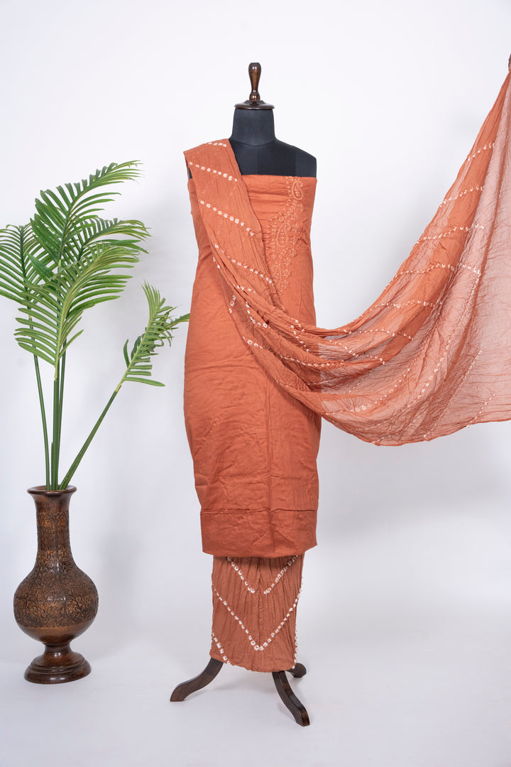 Rust Brown Cotton Satin Suit Material with Neck Embroidery