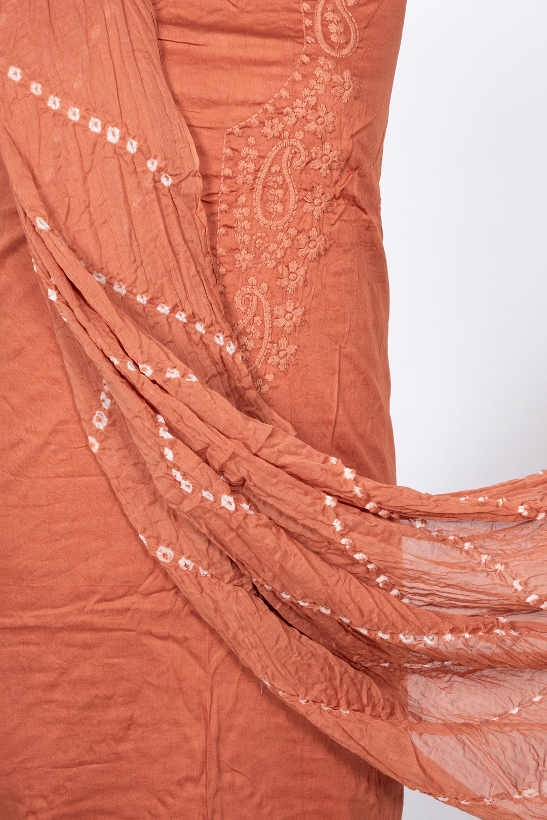 Rust Brown Cotton Satin Suit Material with Neck Embroidery