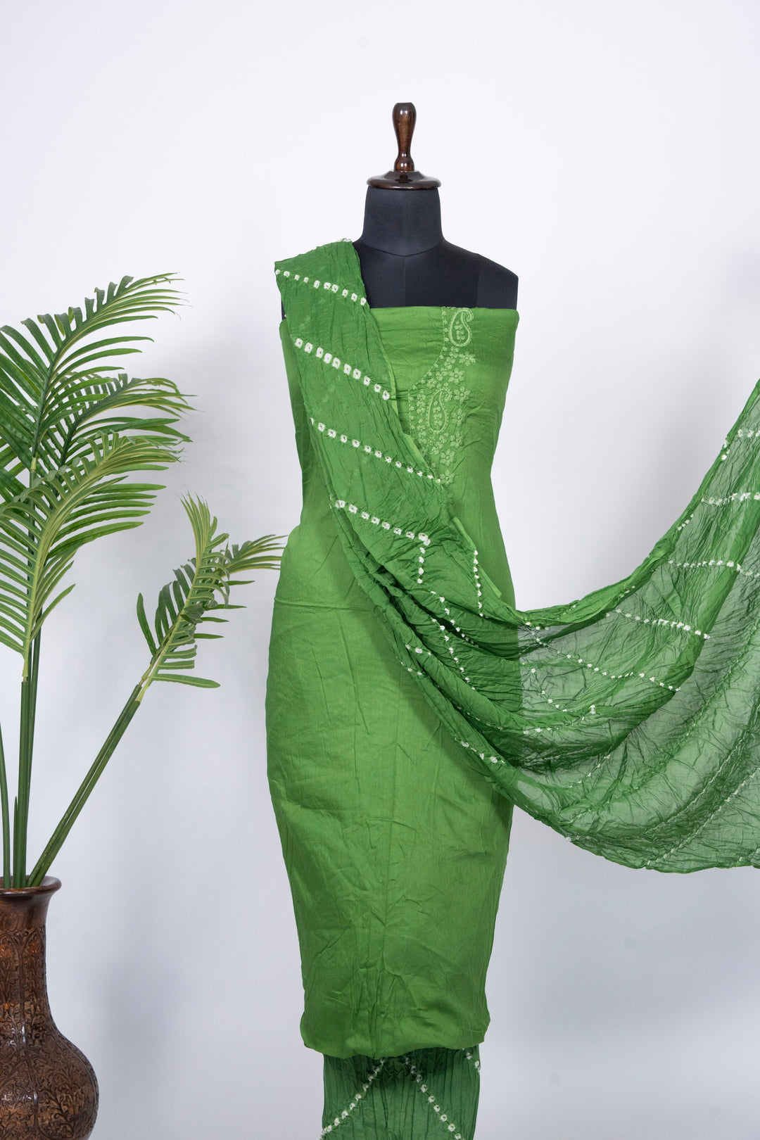 Green Cotton Satin Suit Material with Neck Embroidery