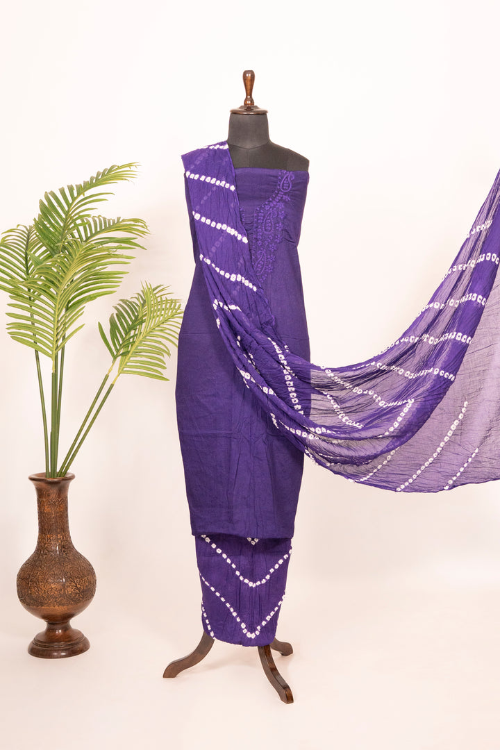 Purple Cotton Satin Suit Material with Neck Embroidery