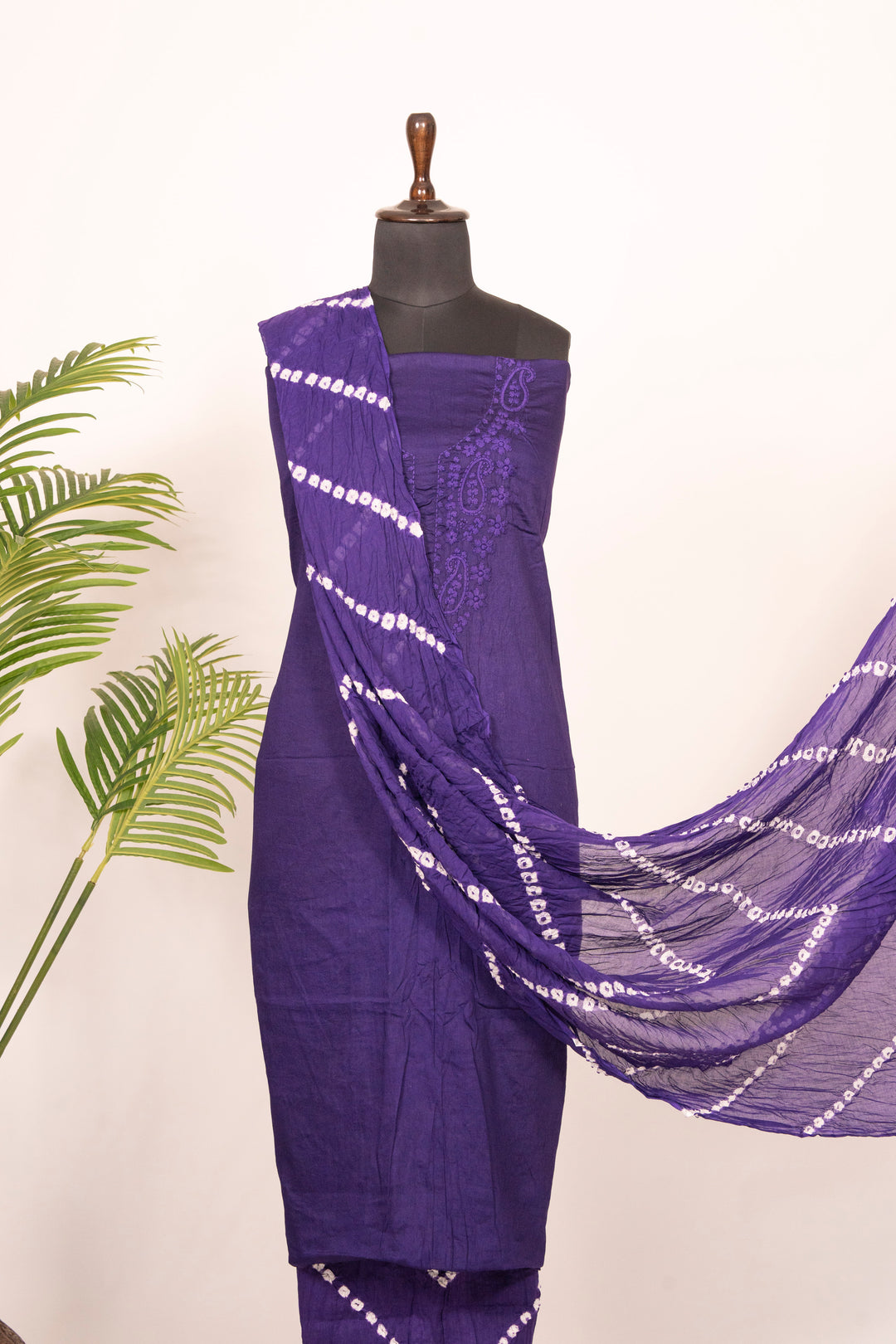 Purple Cotton Satin Suit Material with Neck Embroidery