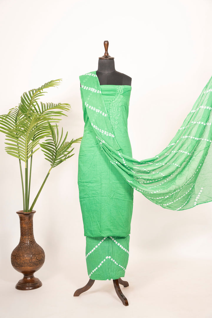 Pastel Green Cotton Satin Suit Material with Neck Embroidery