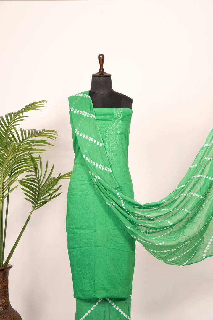 Pastel Green Cotton Satin Suit Material with Neck Embroidery