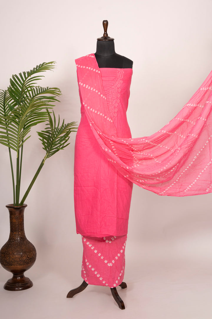 Pink Cotton Satin Suit Material with Neck Embroidery