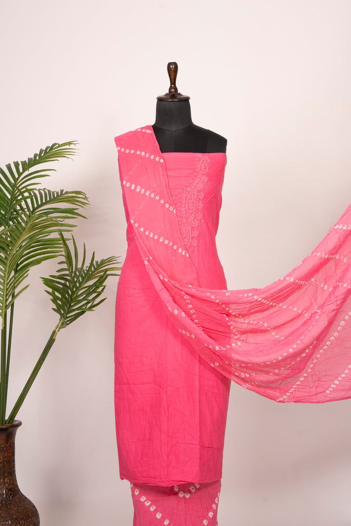 Pink Cotton Satin Suit Material with Neck Embroidery