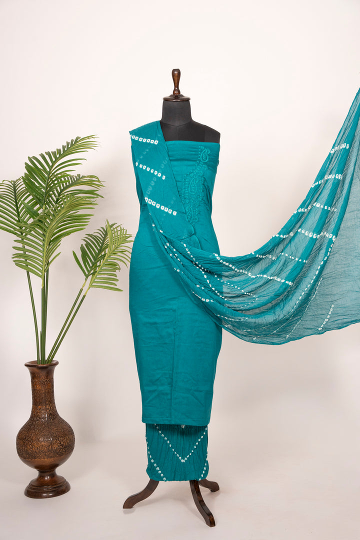 Sky Blue Cotton Satin Suit Material with Neck Embroidery