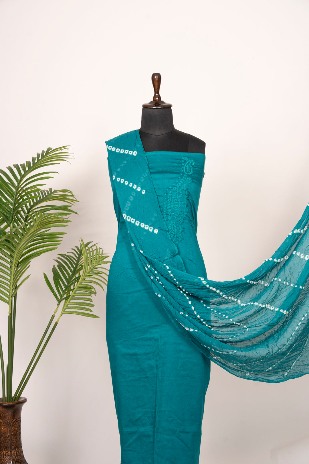 Sky Blue Cotton Satin Suit Material with Neck Embroidery