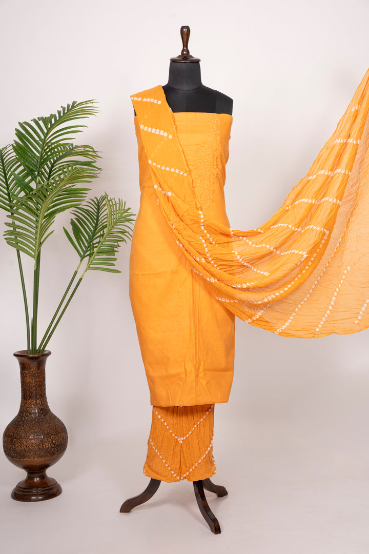 Yellow Cotton Satin Suit Material with Neck Embroidery