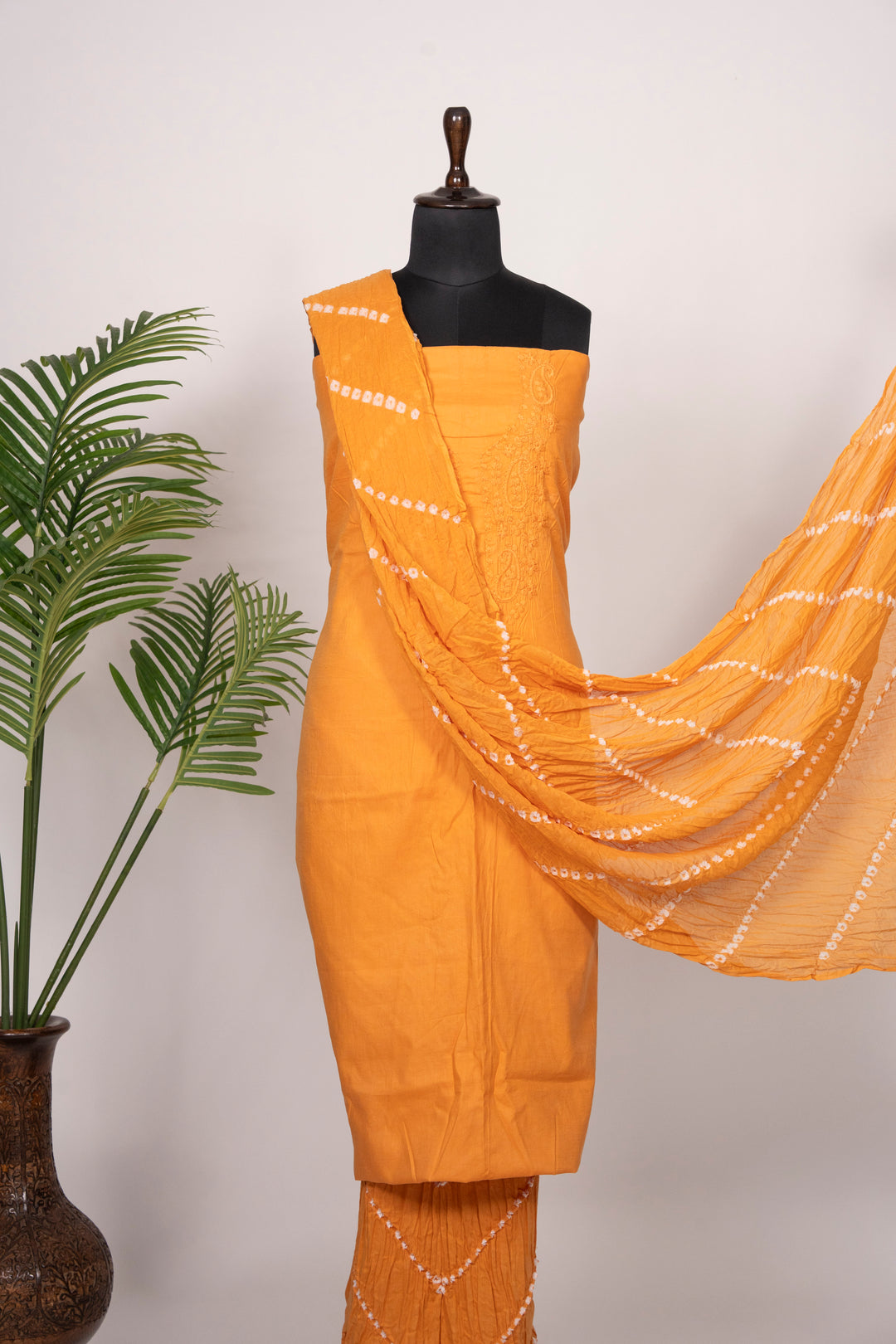 Yellow Cotton Satin Suit Material with Neck Embroidery
