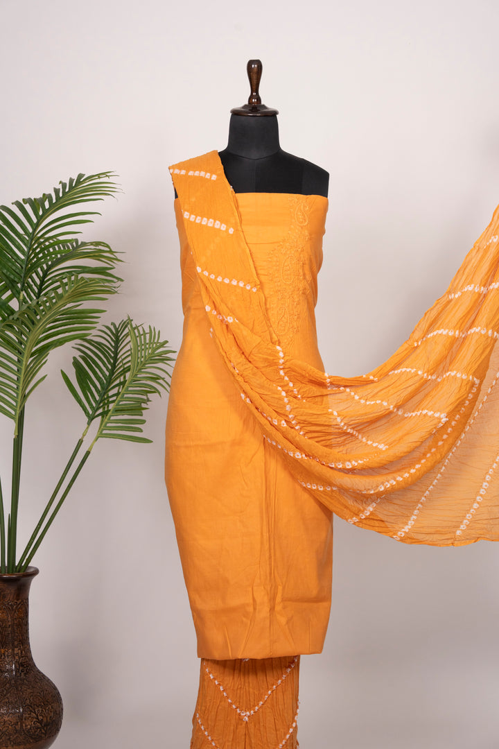 Yellow Cotton Satin Suit Material with Neck Embroidery
