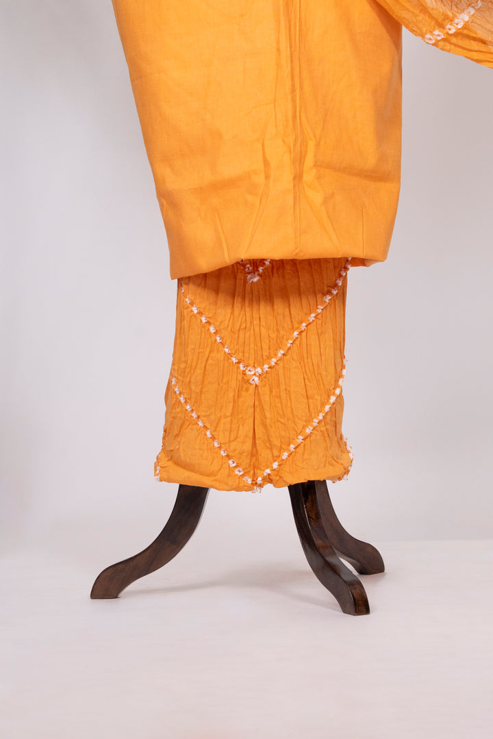 Yellow Cotton Satin Suit Material with Neck Embroidery