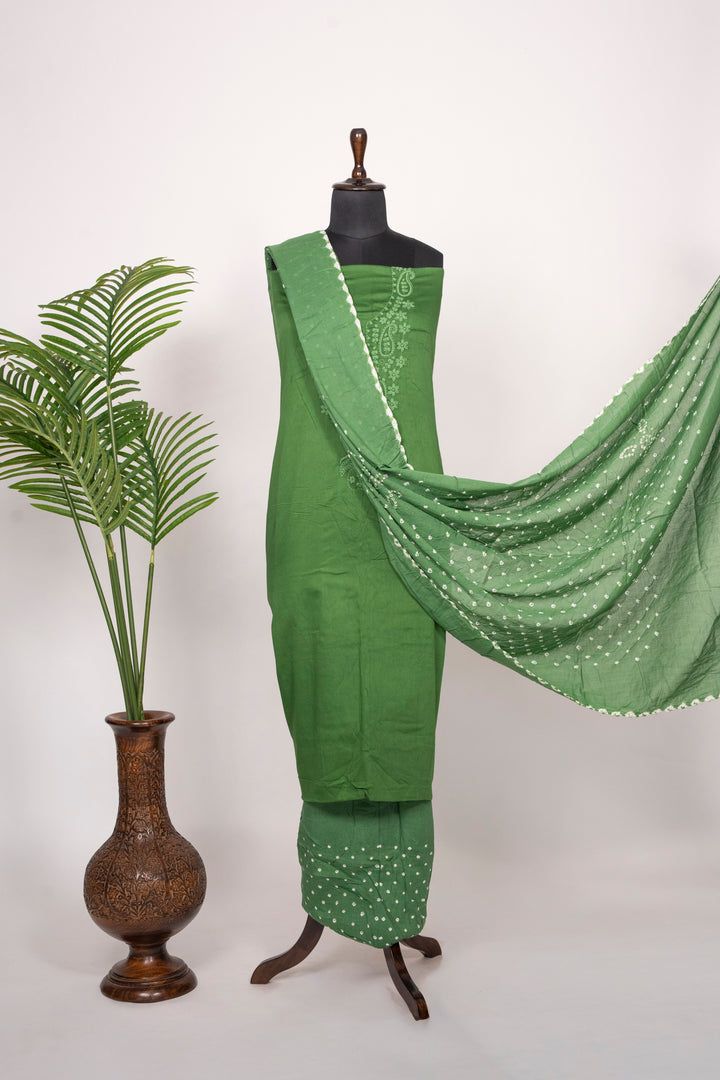 Dark Green Cotton Satin Suit Material with Neck Embroidery