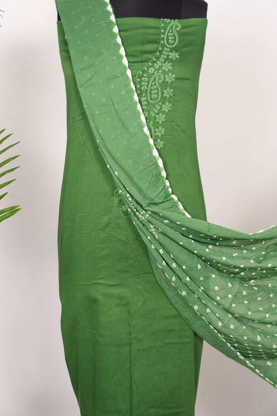 Dark Green Cotton Satin Suit Material with Neck Embroidery