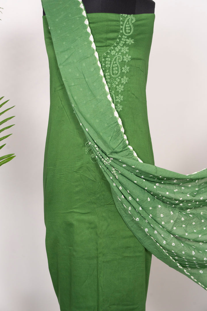 Dark Green Cotton Satin Suit Material with Neck Embroidery